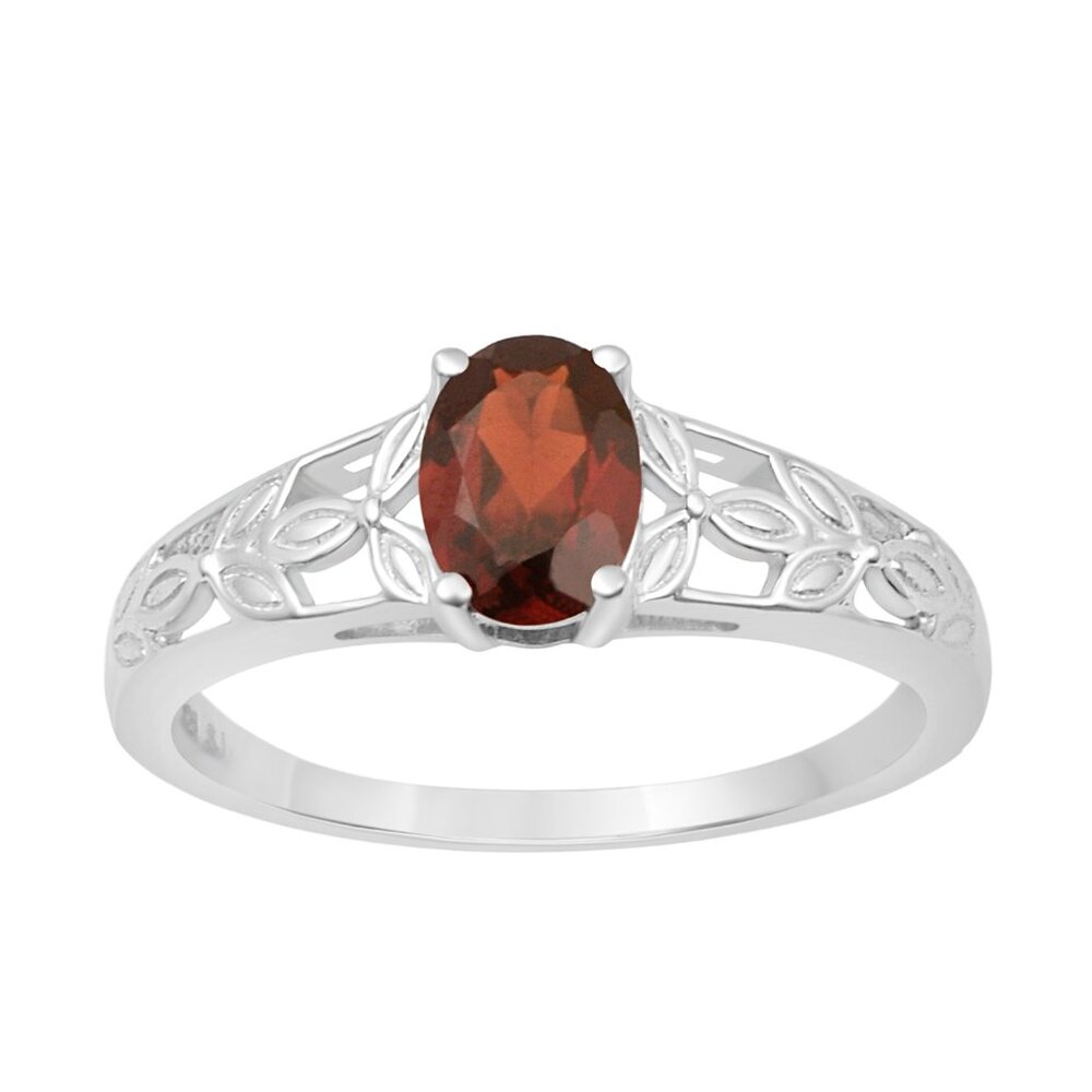 925 Sterling Silver 7x5MM Oval Garnet 925 Sterling Silver Leaf Shank Ring Sz.7